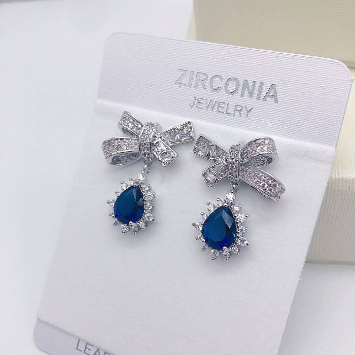 1 Pair Sweet Simple Style Water Droplets Bow Knot Plating Inlay Copper Zircon Drop Earrings Ear Clips