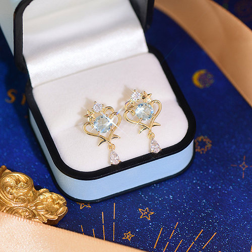 1 Pair Elegant Sweet Star Water Droplets Plating Inlay Copper Zircon 14K Gold Plated Drop Earrings