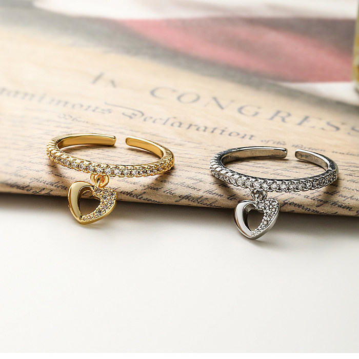 Estilo clássico streetwear forma de coração cobre chapeamento inlay zircon 18k banhado a ouro branco banhado a ouro charme anéis