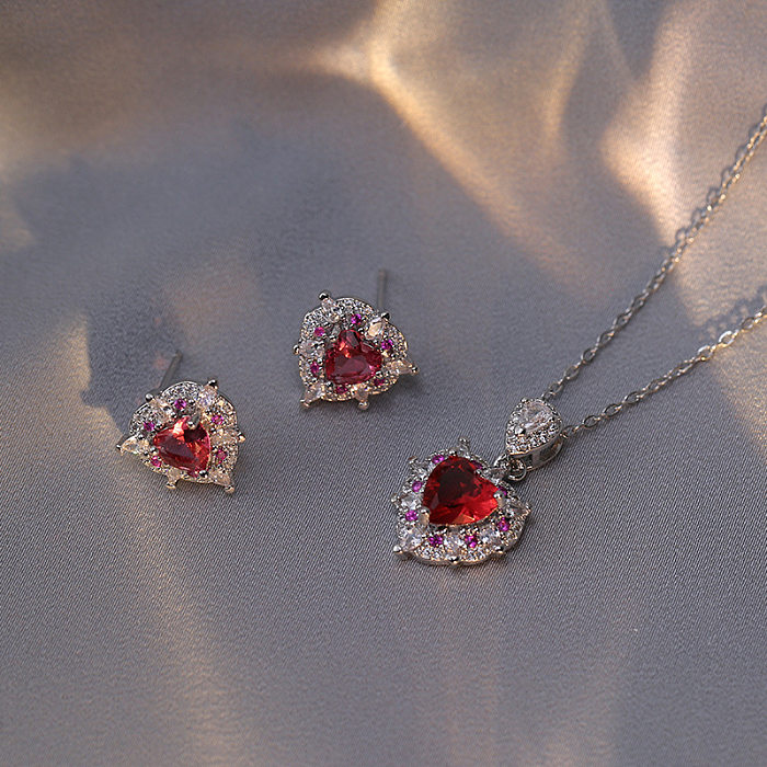 Luxurious Heart Shape Titanium Steel Inlay Zircon Women'S Earrings Necklace Jewelry Set