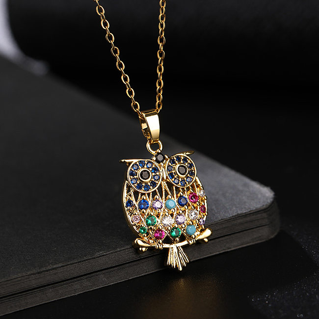 Cute Simple Style Owl Copper Plating Inlay Zircon Pendant Necklace