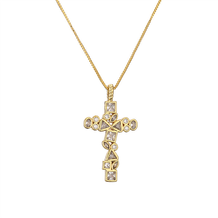 Fashion Cross Copper Plating Inlay Zircon Gold Plated Pendant Necklace