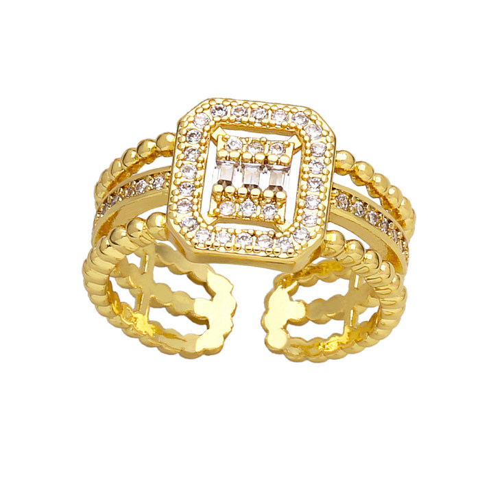 Retro Square Copper Plating Inlay Zircon 18K Gold Plated Open Ring