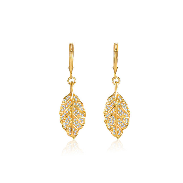 1 Pair Fashion Leaves Copper Plating Inlay Artificial Diamond Drop Earrings