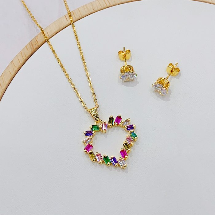 2 Piece Set Sweet Heart Shape Copper Plating Zircon Gold Plated Women'S Earrings Necklace