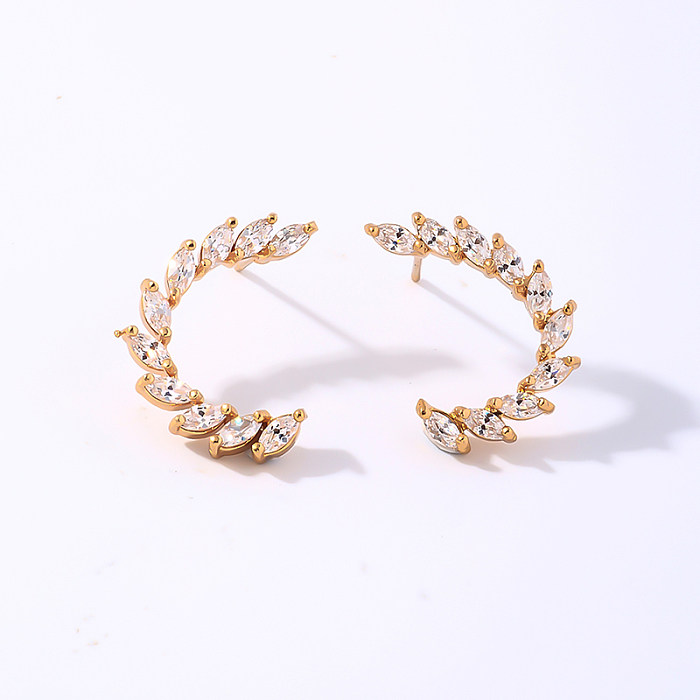 1 Pair Casual Simple Style C Shape Leaves Plating Inlay Copper Zircon Gold Plated Ear Studs