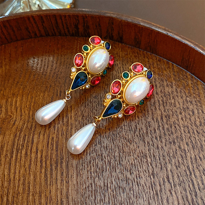 1 Pair Elegant Retro Water Droplets Plating Inlay Copper Pearl Drop Earrings