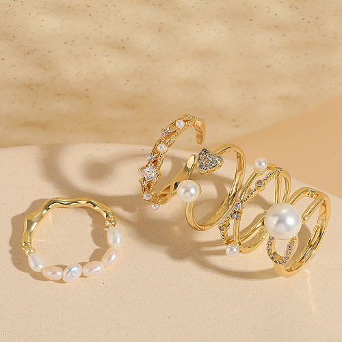 Elegant Luxurious Classic Style Moon Heart Shape Freshwater Pearl Copper Criss Cross Plating Inlay Zircon 14K Gold Plated Rings