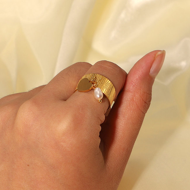 Bague géométrique en or 18 carats en acier inoxydable, pendentif en forme de cœur avec perle, anneau ouvert