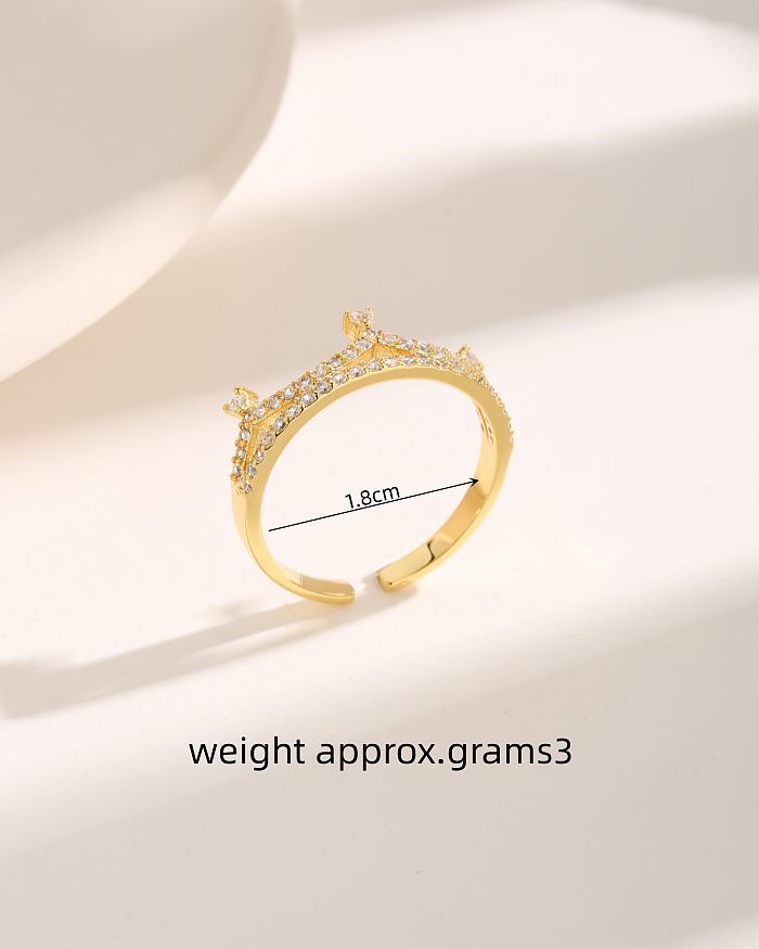 Fairy Style Sweet Commute Crown Copper Plating Inlay Zircon 18K Gold Plated Open Rings