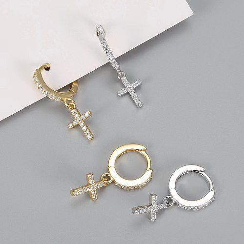 1 Pair Simple Style Cross Inlay Copper Rhinestones Drop Earrings