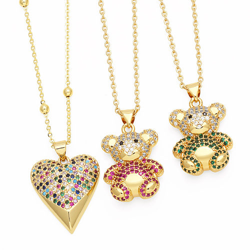 Cute Streetwear Little Bear Heart Shape Copper 18K Gold Plated Zircon Pendant Necklace In Bulk