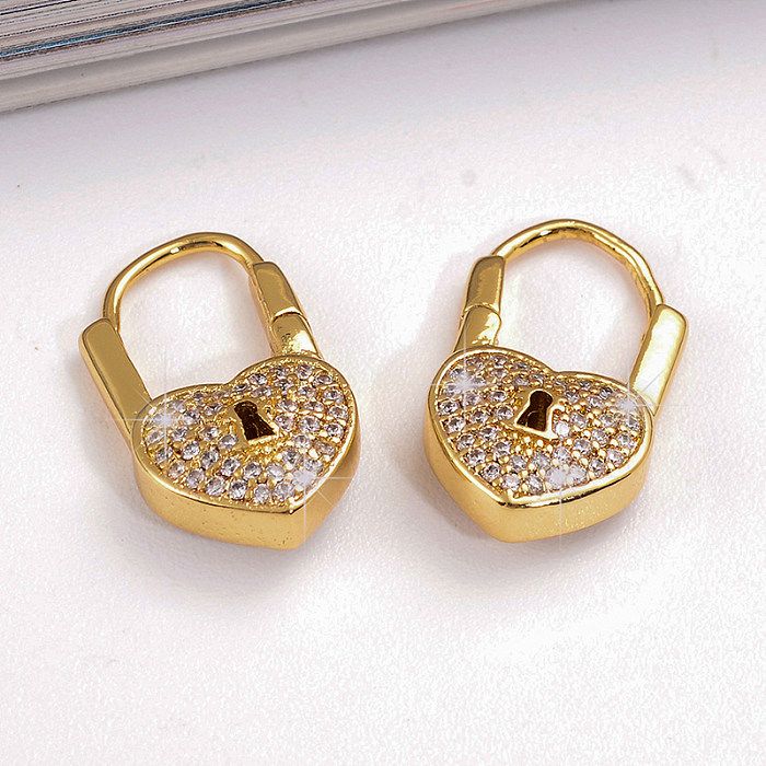 1 Pair Simple Style Shiny Heart Shape Lock Plating Inlay Copper Zircon 18K Gold Plated Hoop Earrings