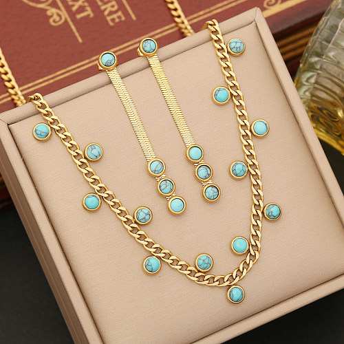 Simple Style Commute Round Stainless Steel Plating Inlay Turquoise Bracelets Earrings Necklace