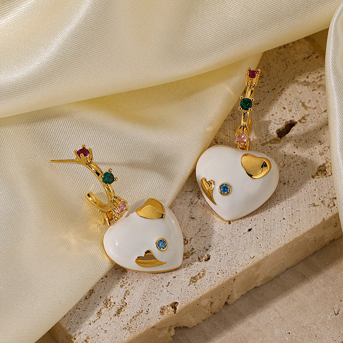 1 paire de boucles d'oreilles pendantes en cuivre et Zircon, Style Vintage, incrustation en forme de cœur