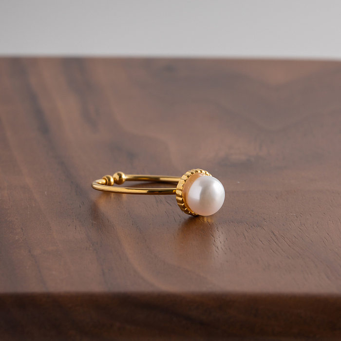 Anillos de perlas con incrustaciones de acero inoxidable redondos de moda 1 pieza