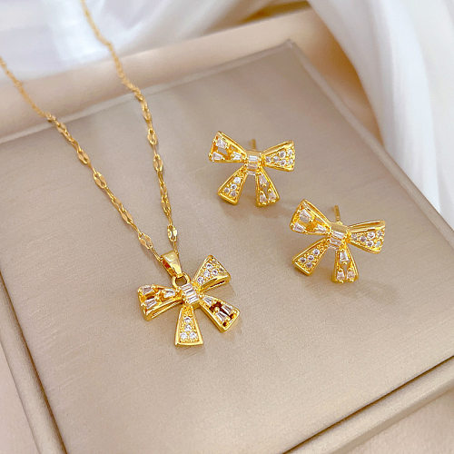 Simple Style Bow Knot Titanium Steel Copper Plating Inlay Artificial Gemstones Gold Plated Earrings Necklace