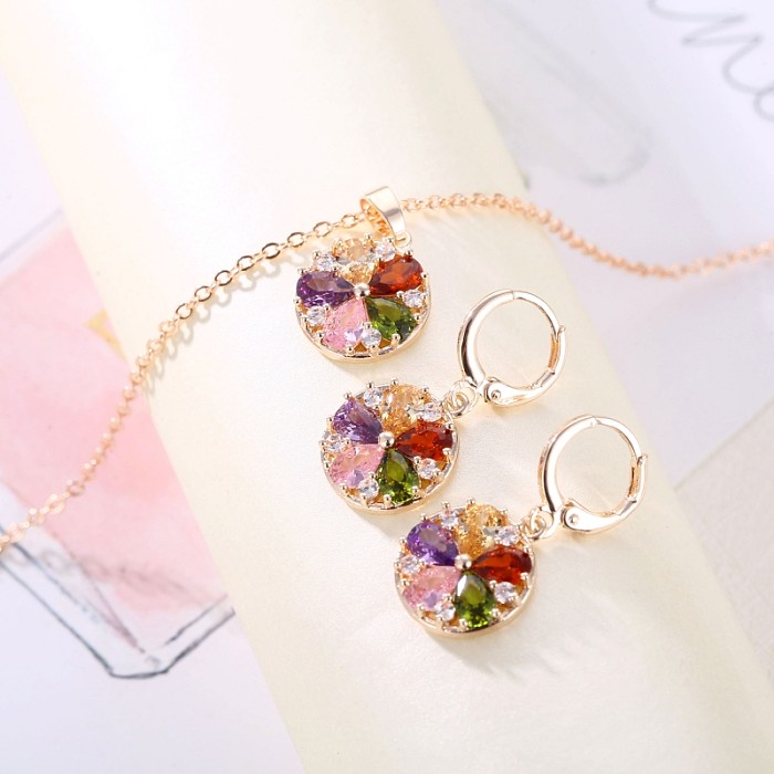 Einfache Art-runde Blumen-Kupfer-Beschichtungs-Inlay-Zirkon-Ohrring-Halskette