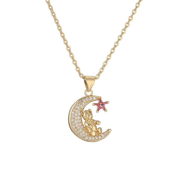 IG Style Simple Style Little Bear Star Moon Copper Plating Inlay Zircon Gold Plated Pendant Necklace