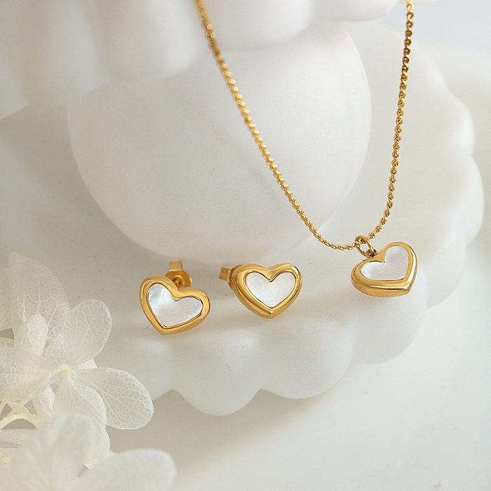 Elegant Heart Shape Titanium Steel Inlay Shell Women'S Bracelets Earrings Necklace