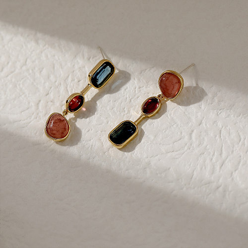 Pendientes colgantes de cristal de piedra Natural con incrustaciones de cobre cuadrado redondo Retro, 1 par