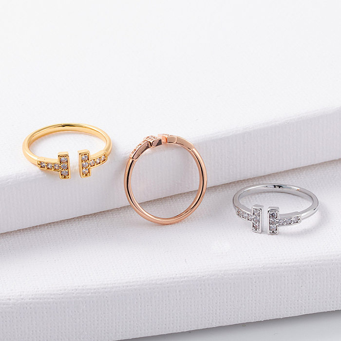 1 Piece Simple Style Letter Copper Plating Inlay Zircon Open Ring