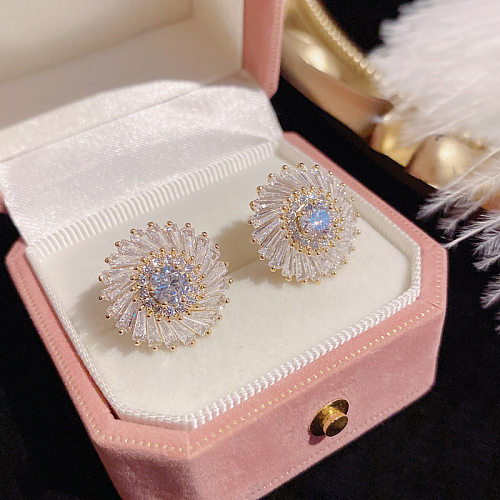 1 Pair Luxurious Sunflower Plating Inlay Copper Zircon Gold Plated Ear Studs