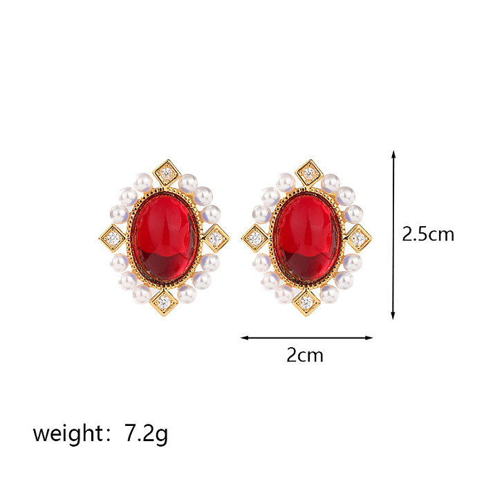 1 Pair Vintage Style Roman Style Oval Plating Inlay Copper Artificial Pearls Resin Zircon 18K Gold Plated Ear Studs