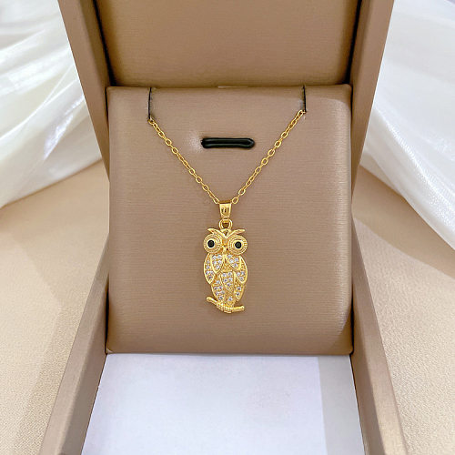 Classic Style Commute Owl Titanium Steel Copper Plating Inlay Artificial Gemstones Gold Plated Pendant Necklace