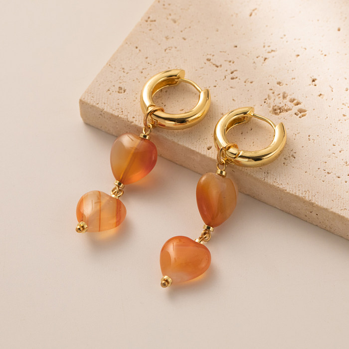 1 Pair Elegant Lady Heart Shape Natural Stone Copper Drop Earrings