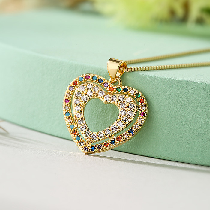 Simple Style Commute Colorful Heart Shape Copper Plating Inlay Zircon 18K Gold Plated Pendant Necklace