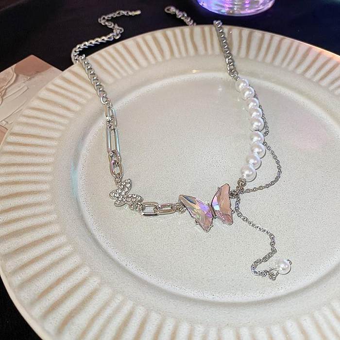 Streetwear Shiny Heart Shape Copper Pearl Inlay Zircon Pendant Necklace