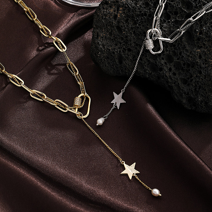 Retro Pentagram Copper Plating Inlay Freshwater Pearl Zircon 18K Gold Plated Silver Plated Necklace