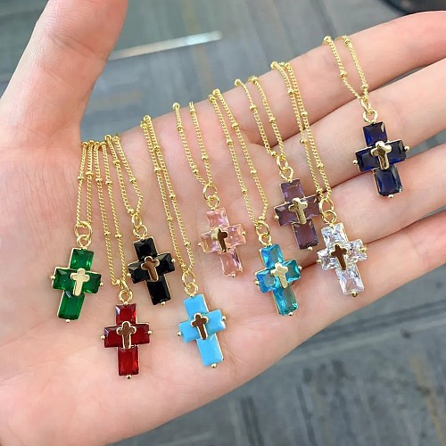 Casual Hip-Hop Cross Copper Plating Inlay Zircon Gold Plated Pendant Necklace