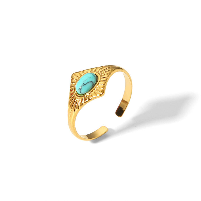 Modern Style Rhombus Stainless Steel Plating Inlay Turquoise 18K Gold Plated Open Rings