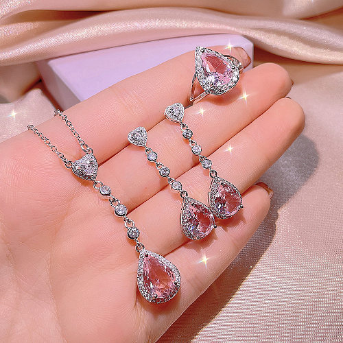 Simple Style Shiny Water Droplets Heart Shape Copper Inlay Artificial Rhinestones Rings Earrings Necklace