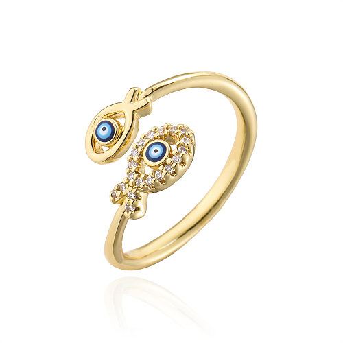 Fashion Dripping Oil Devil's Eye Ring Copper Gold Plated Double Fish Design Geometric Open Ring