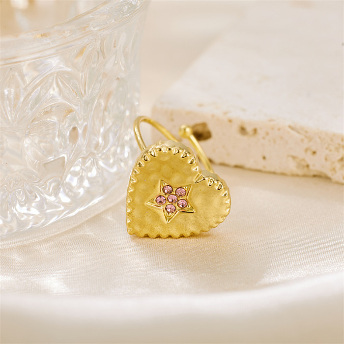 Estilo vintage brilhante estrela coração forma flor chapeamento de aço inoxidável incrustação strass 18k banhado a ouro anéis abertos