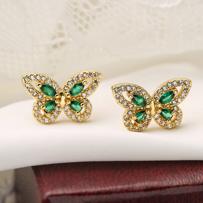 1 Pair Simple Style Commute Heart Shape Butterfly Copper Plating Inlay Zircon 18K Gold Plated Ear Studs