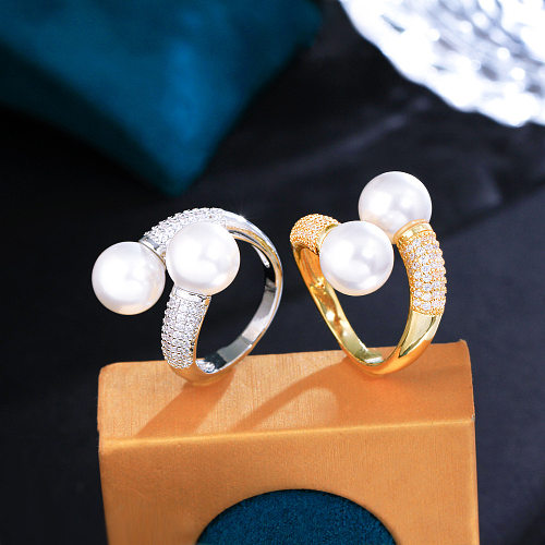 Dulce geométrico chapado en cobre con incrustaciones de perlas artificiales chapado en oro de 14 quilates chapado en oro blanco anillos abiertos chapados en rodio