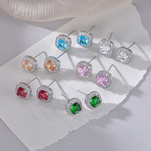 1 Pair Elegant Commute Square Plating Inlay Copper Crystal Zircon White Gold Plated Ear Studs