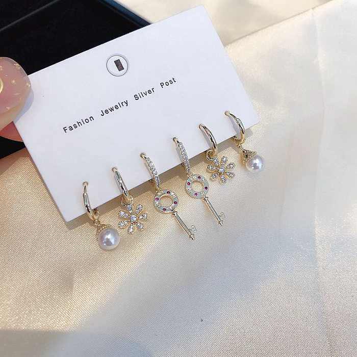 1 Set Cute Sweet Flower Key Plating Inlay Copper Zircon Drop Earrings