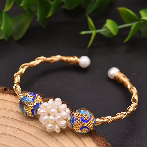 Pulseira banhada a ouro com revestimento de cobre de pérola artificial de bloco de cor de estilo simples