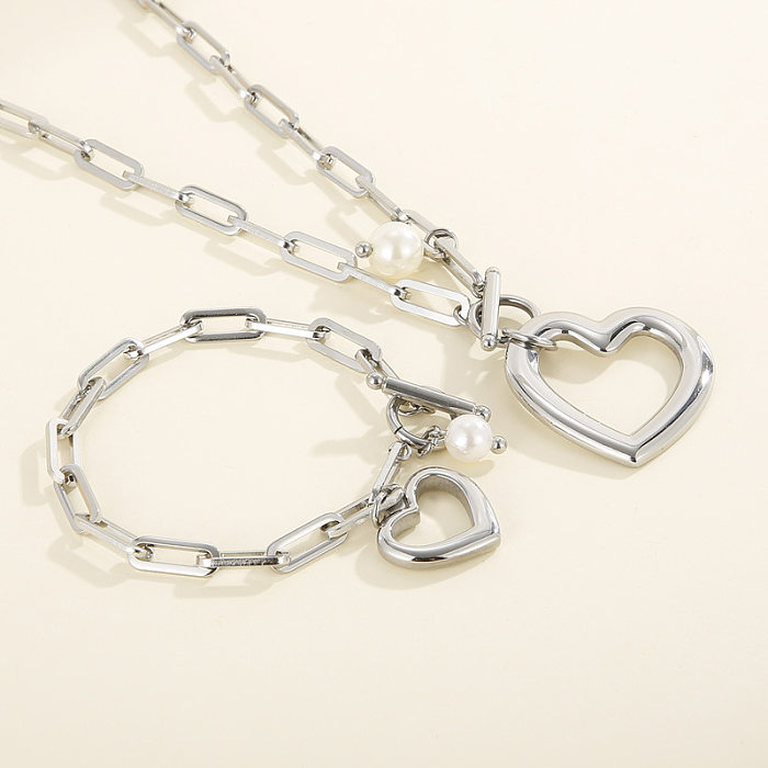 Einfaches herzförmiges Armband-Halsketten-Set aus Edelstahl mit dicker Kette und quadratischer Kette mit OT-Schnalle