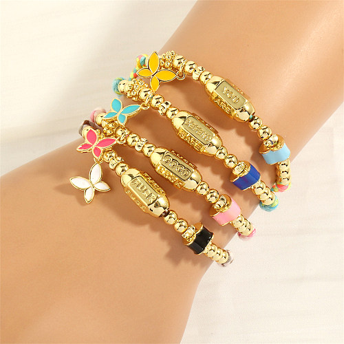 Bracelets plaqués or 18 carats en émail fait main avec perles en cuivre papillon de style simple