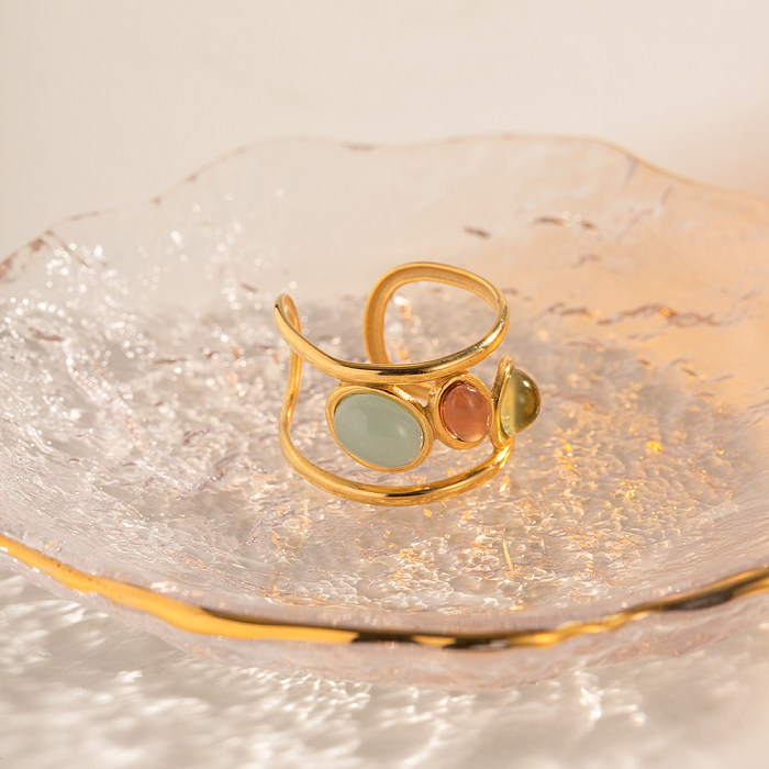 Offener Ring im IG-Stil, Retro-Stil, bunt, Edelstahl-Beschichtung, Glaseinlage, 18 Karat vergoldet