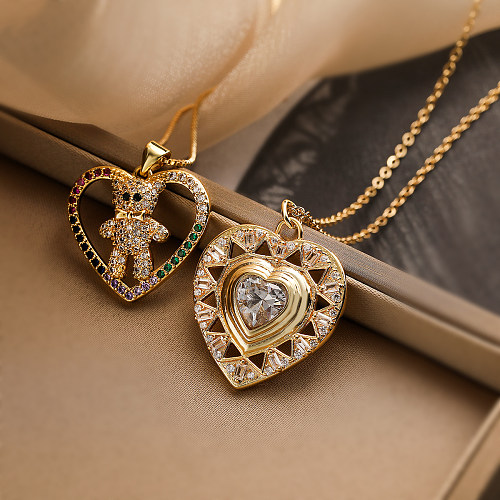 Schlichter Stil, Pendel-Halskette mit Anhänger in Tier-Herzform, Kupferbeschichtung, Inlay aus Zirkon, 18 Karat vergoldet