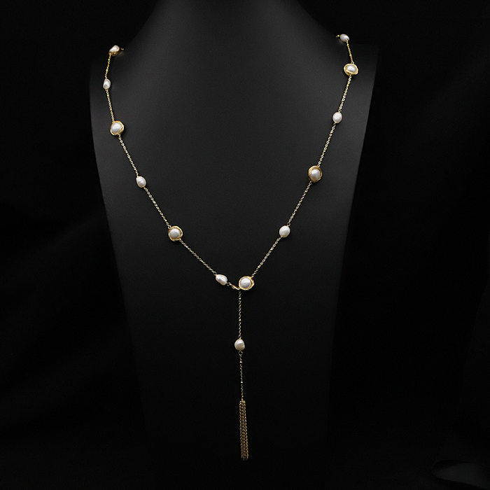 Elegant Geometric Copper Plating Inlay Pearl 18K Gold Plated Sweater Chain
