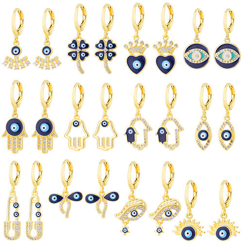 Pendientes de oro real de 18 quilates chapados en circonita con incrustaciones de cobre y ojos azules malvados que gotean creativos a la moda