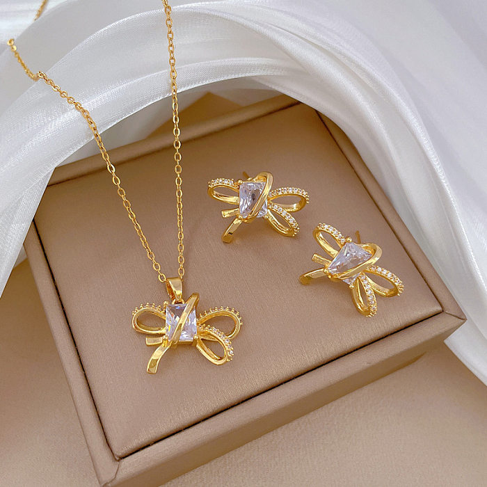 Modern Style Simple Style Bow Knot Artificial Gemstones Titanium Steel Brass Plating Inlay Artificial Gemstones Gold Plated Jewelry Set